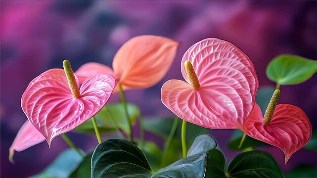 Colorful anthurium flowers with glossy petals showcase their beauty in a bright indoor space. The natural light enhances the rich hues of pink and orange, creating a stunning display.