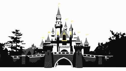 Illustration of a fairytale castle with towers and flags surrounded by trees and a bridge, in black and white