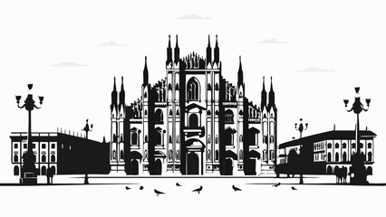 Fototapeta premium Silhouette of milan cathedral with surrounding buildings and birds in a black and white illustration