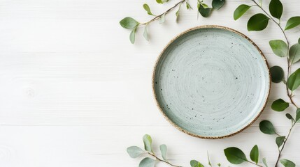 Empty light teal ceramic plate on white wood with green leaves.