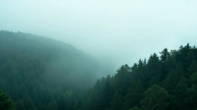 panorama of green forest at cold foggy morning