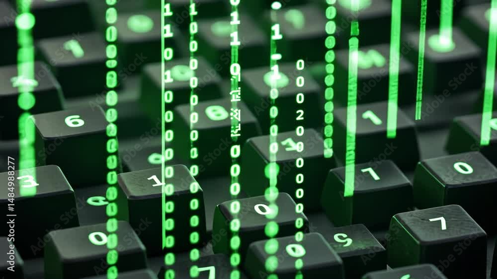 Poster green binary code rain on black keyboard keys in a digital environment