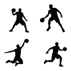 Silhouettes of basketball players in various actions on a white background