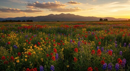 Wildflower meadow at sunset representing natural beauty and serenity, with mountains in background