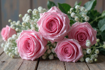 bunch of pink roses sitting on top of a wooden table