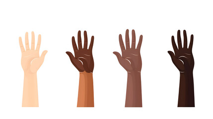 Obraz premium Diverse group of people with different skin colors showing palms up gesture