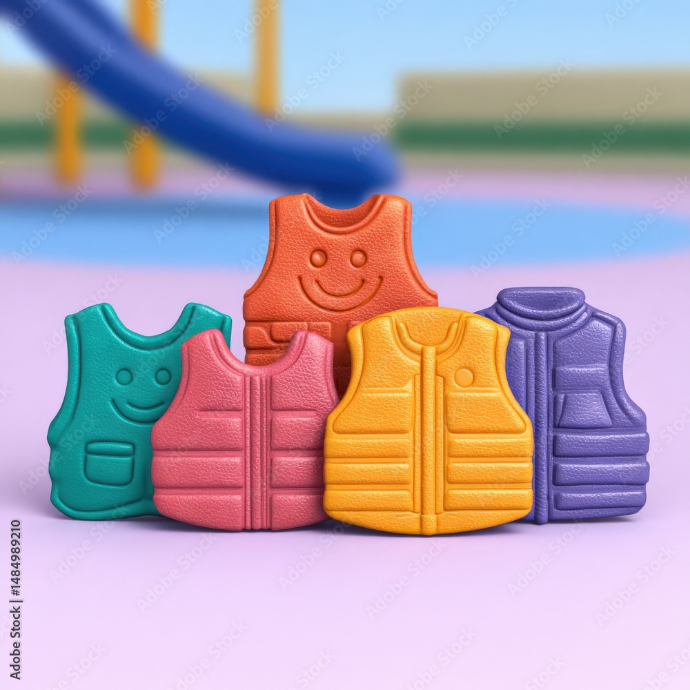 Poster colorful collection of playful life vests arranged in a cheerful setting emphasizing safety and fun 