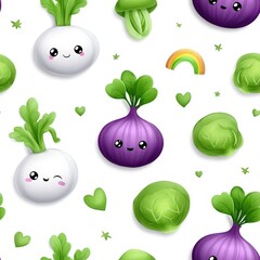 Seamless repeat pattern featuring hand-painted cute food mascot in chibi style, with cute food ingredients, green and purple, isolated on white background, rainbow vibe, vibrant design