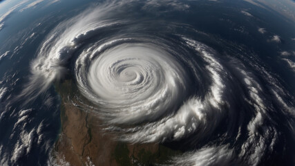 An amazing aerial view of a powerful hurricane rotating over an ocean and a coast.