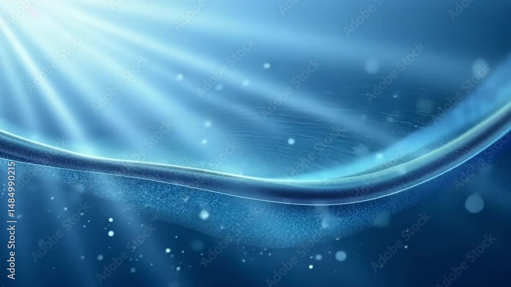 Poster blue abstract background with light rays and sparkles in fluid motion design
