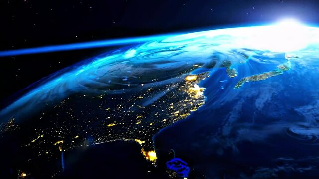 Earth from space view sunrise terminator city lights continents oceans weather systems swirling clouds atmospheric phenomena planetary beauty. Planet roation from space, city lights, clouds whirlpool.
