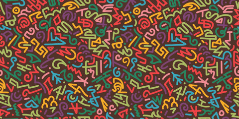 Abstract seamless geometric doodle pattern. Creative abstract style art background with basic colorful shapes. Vector flat hand drawn banner.