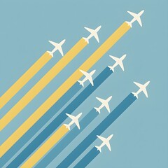 Fototapeta premium Airplanes flying across the sky with colorful trails creating a visually striking pattern during daylight hours