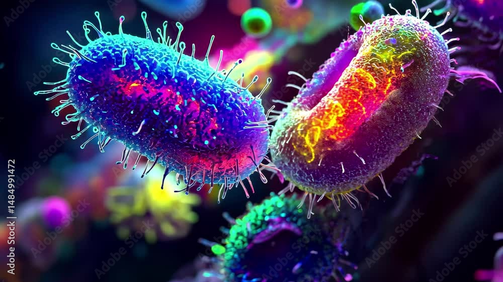 Poster abstract depiction of colorful bacteria showcasing vibrant textures and forms in a microscopic view,