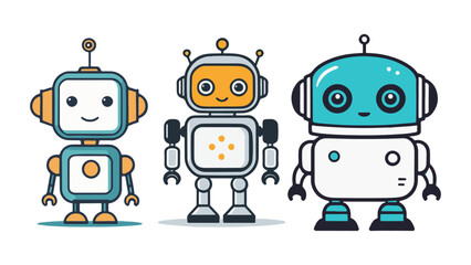 set of cute smiling robots vector illustrations, different shapes of robot illustrations