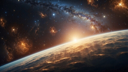 Earth from space, with the sun rising and the Milky Way galaxy in the background.