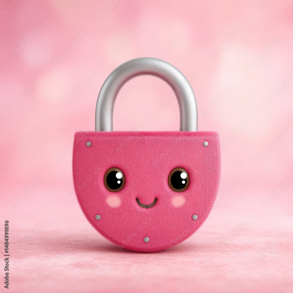 Poster cute and playful pink padlock character with expressive eyes designed for security concepts and chil