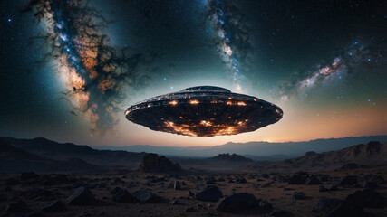 A captivating view of a spaceship hovering over a rocky landscape, under a starlit sky.