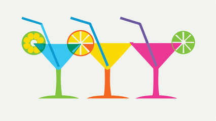 Three colorful martini glasses with straws and citrus fruit slices in a vibrant and playful design style