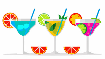 Three colorful cocktails with straws and citrus slices on the rims and bases on a white background