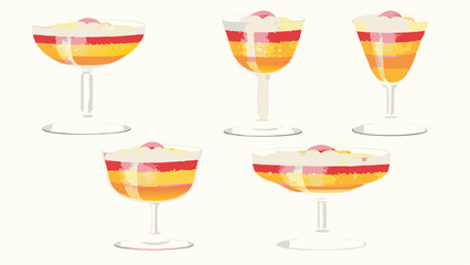 Five layered desserts in stemmed glasses with cherry on top arranged on a white background in a pattern
