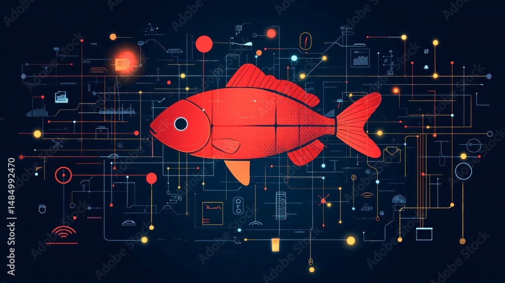 Aufkleber A bright red fish navigates a complex web of technology icons and lights in a digital rendering.