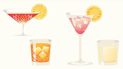 Illustration of four different cocktail glasses with various drinks and lemon slice garnishes shown