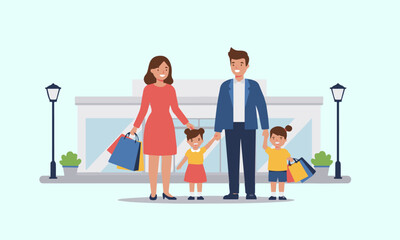 Family Shopping at the Mall Illustration.  Illustration of a family with two daughters after shopping at the mall.