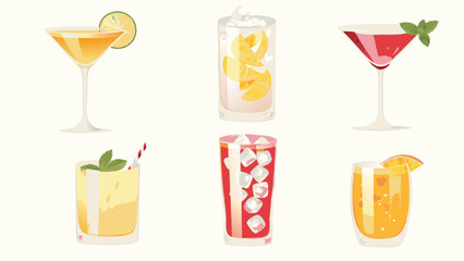 Illustration of six different cocktails in glasses with various garnishes on a white background image art