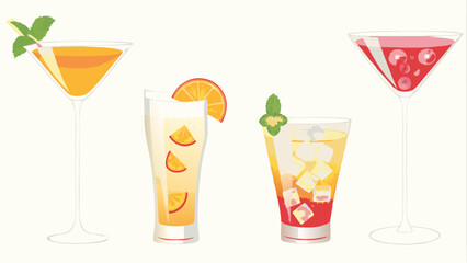 Illustration of four different cocktails with various garnishes and colors on a white background scene art