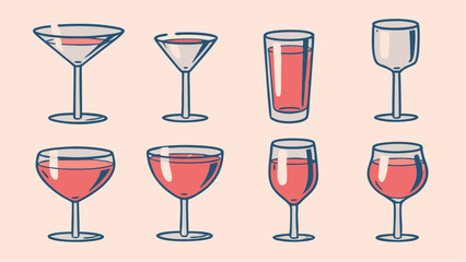 Illustration showing eight different types of glasses filled with a pink liquid on a light background