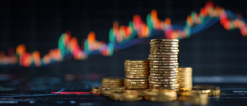 Close-up of stacked coins with colorful financial graphs, representing investment growth and cryptocurrency trends in a dynamic economic environment. High quality