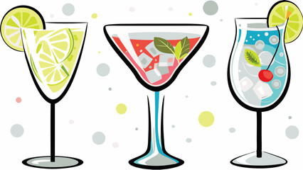 Illustration of three cocktail glasses filled with colorful drinks and garnished with fruit slices and herbs