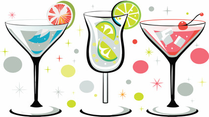Illustration of three cocktail glasses with fruit slices and ice cubes against a white background with dots