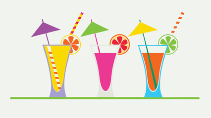Three colorful cocktails with umbrellas and straws lined up in a row on a green surface design vector