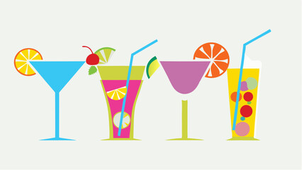 Illustration of four colorful cocktails with straws and fruit garnish on a light background design