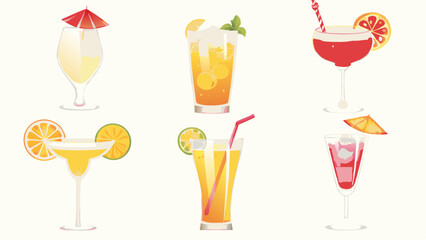 Illustration showing six different cocktails with various garnishes and colorful liquids served in glasses