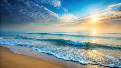 Fototapeta premium Soothing ocean waves gently lapping at the shore with a soft blue mist rising from the water's surface in a serene atmosphere, Peaceful Scene, Gentle Ripples