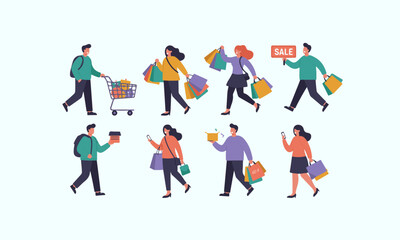 Set of Shopping People Illustrations with bags, carts, and sale signs.