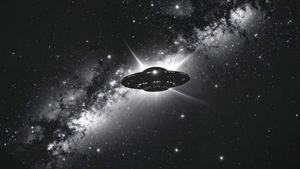 A mysterious ufo glows amidst the stars and galaxy, flying through the dark night.