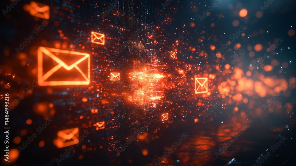 Poster bright orange email icons illuminate a dark background, showcasing digital communication pathways.