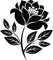 Elegant Silhouette of a Blooming Rose with Leaves