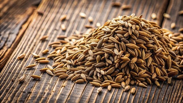Close-up of cumin seeds scattered on a rustic wooden background, with some seeds visible in the texture of the wood