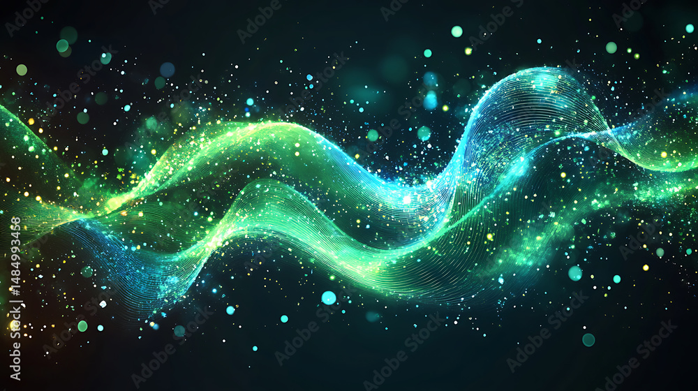 Poster abstract wavy lines with glittering particles flowing in green and blue tones elegant and dynamic ba