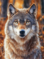 Fototapeta premium A grey wolf stares intensely forward, its amber eyes piercing, thick fur highlighted by autumnal, warm-toned background