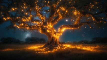 Enchanting illuminated tree with glowing lights under a majestic starry night sky scene