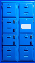 Fototapeta premium A pair of vibrant blue metal lockers, each with six compartments and small keyholes, stands against a matching blue background; one locker features a blank white rectangular label