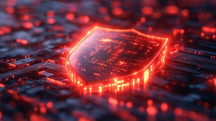 A vibrant red digital shield represents cybersecurity on a network circuit, showcasing technology.