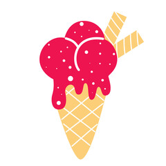 Ice cream cone isolated on white background. Refreshing milky creamy fruit berry dessert clip art. Scoops of bright pink ice cream in waffle cone with crispy sticks. Vector element