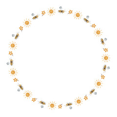 A summer-themed round frame with copy space, with bees, a sunny motif and floral elements. For kids’ activities, summer-related designs, vacation projects, farm-themed materials, honey product labels
